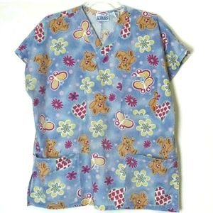 Scrub Top Teddy Bears Flowers Hearts Size Medium